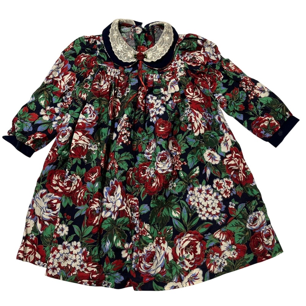 Vintage Evy Dress Blue Floral Lace Velvet Collar Girls 4 3D Flower Ribbon Easter